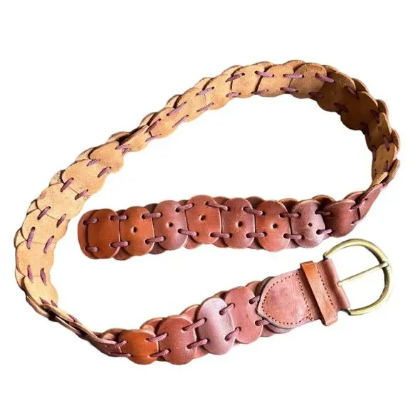 Handmade Brown Leather Disc Woven Belt - Picture 3 of 4